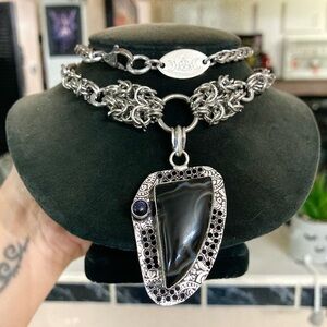 Genuine black agate gemstone & midnight goldstone on handmade maille necklace